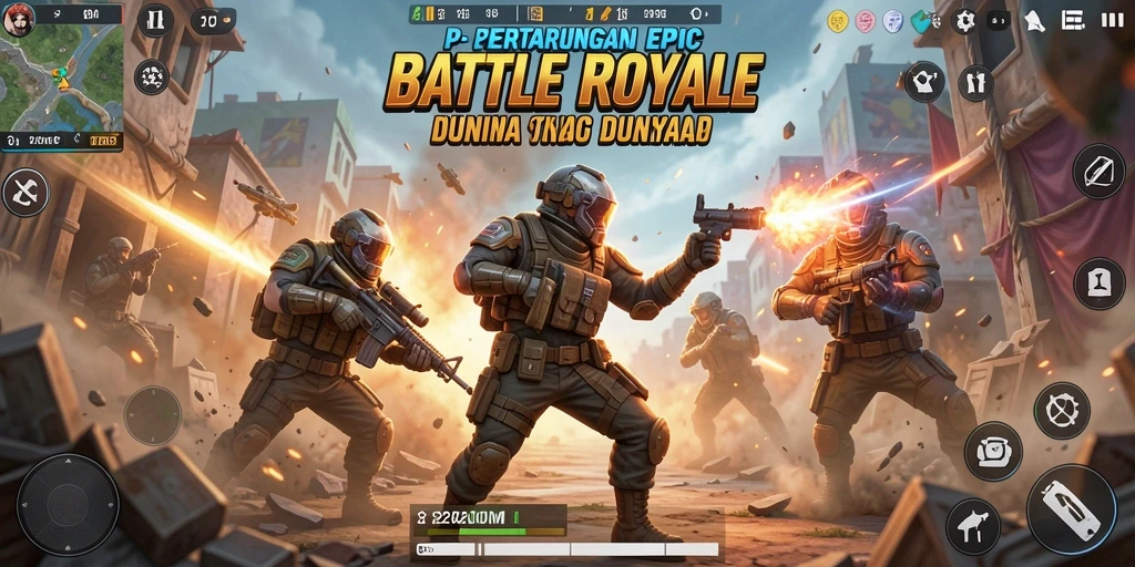 Tampilan screenshot F200M yang menunjukkan aksi Battle Royale yang intens.