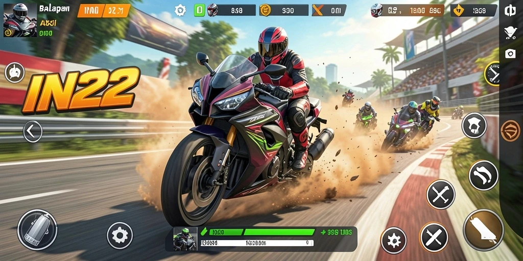 Screenshot utama IN22 menunjukkan aksi balapan motor yang mendebarkan.