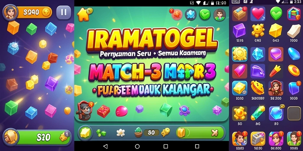 Screenshot IRAMATOGEL menunjukkan gameplay Match-3 yang seru dan penuh warna.