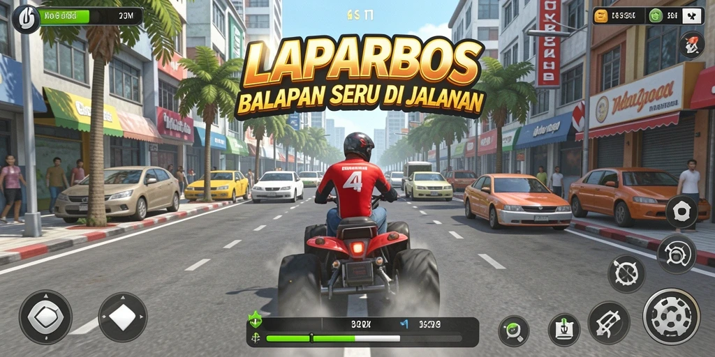 Screenshot gameplay LAPARBOS menampilkan aksi balapan yang mendebarkan.