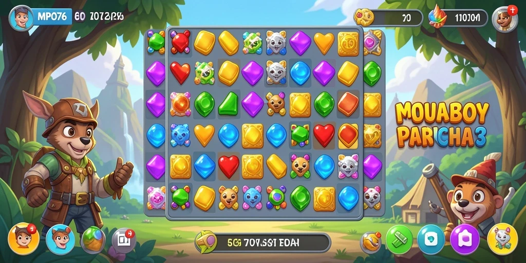 Screenshot MPO76 menunjukkan aksi seru mencocokkan balok warna-warni.