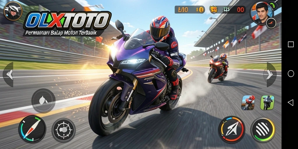 Screenshot gameplay OLXTOTO menampilkan balapan motor yang menegangkan.