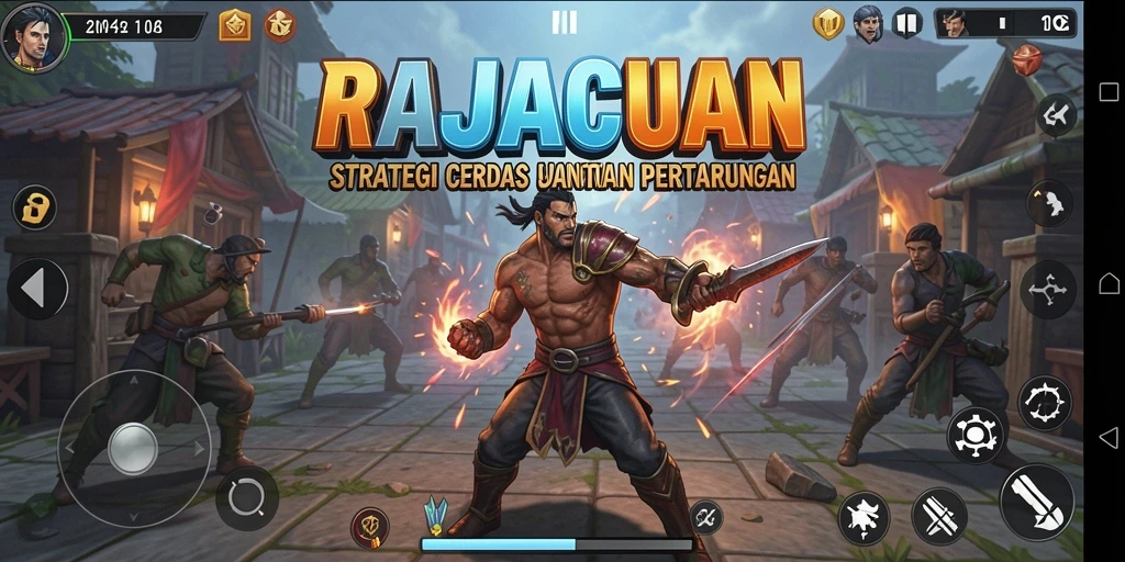 Screenshot utama RAJACUAN menampilkan aksi intens dalam pertempuran strategi.